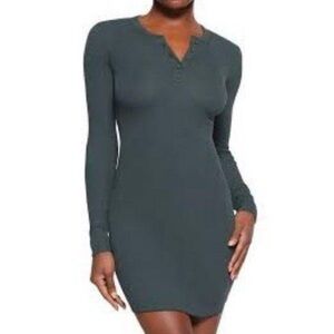 Skims Stretch Cotton Rib Long Sleeve Henley Dress Size Medium Green